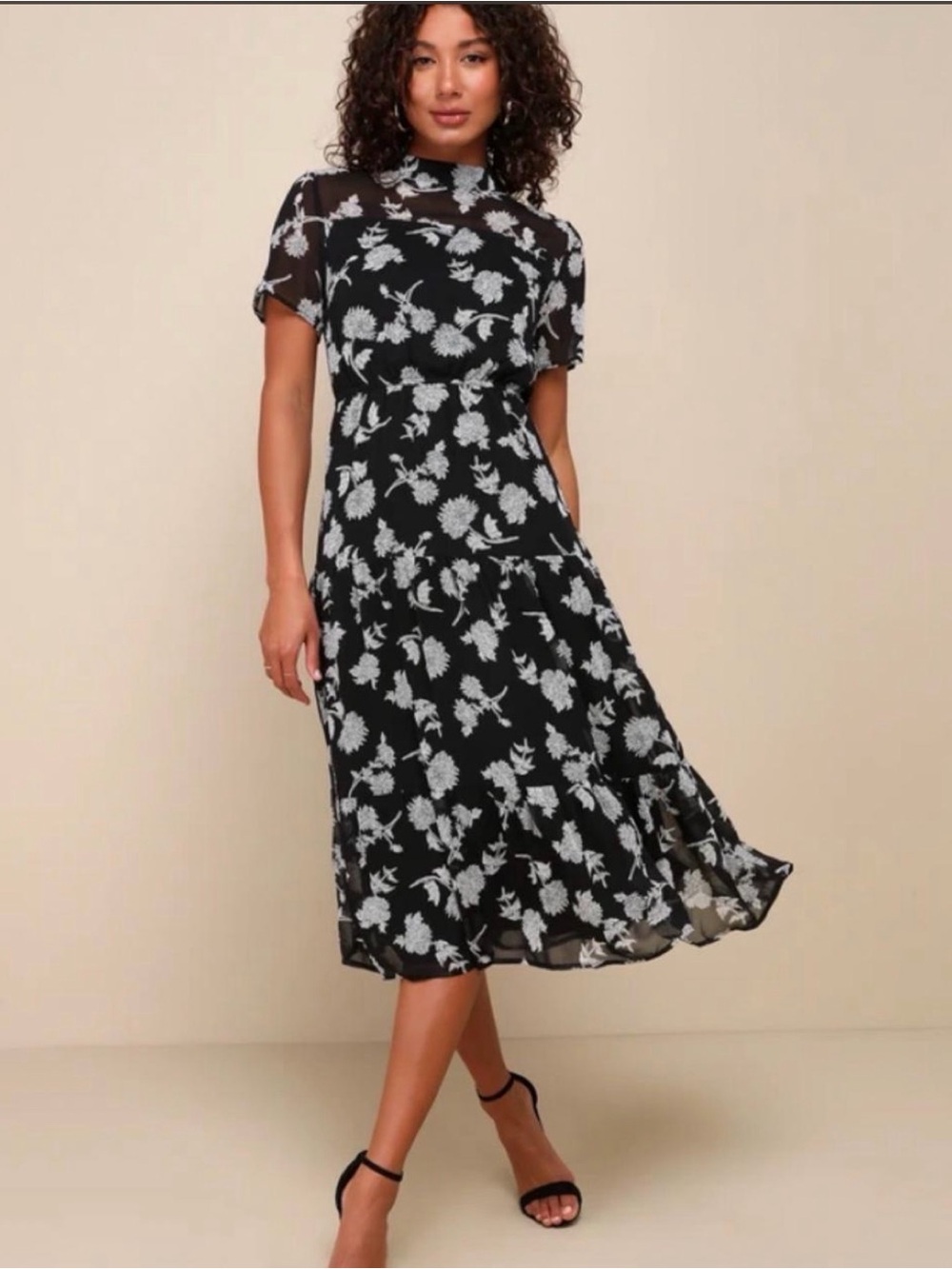 Lulu's Black Midi Dress with White Floral Mesh Overlay